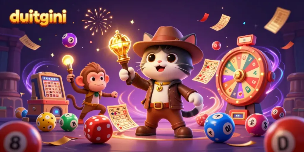 Engage with Duitgini’s vibrant 3D illustration showcasing a cat explorer discovering casino treasures.