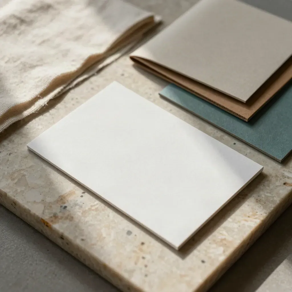 Moodboard jenama dengan swatch kain, kad warna, sleeve pembungkusan dan kad sampel putih.