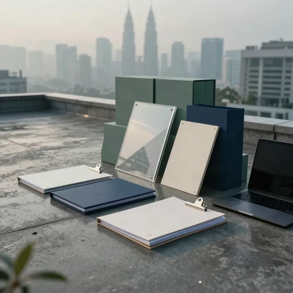 Bingkai bumbung selepas hujan dengan folder audit, panel akrilik dan laptop tertutup.