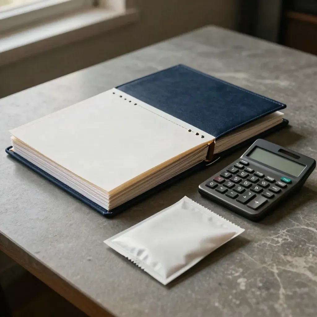Binder audit pertumbuhan, kalkulator matte dan dua sleeve sampel di atas meja batu.