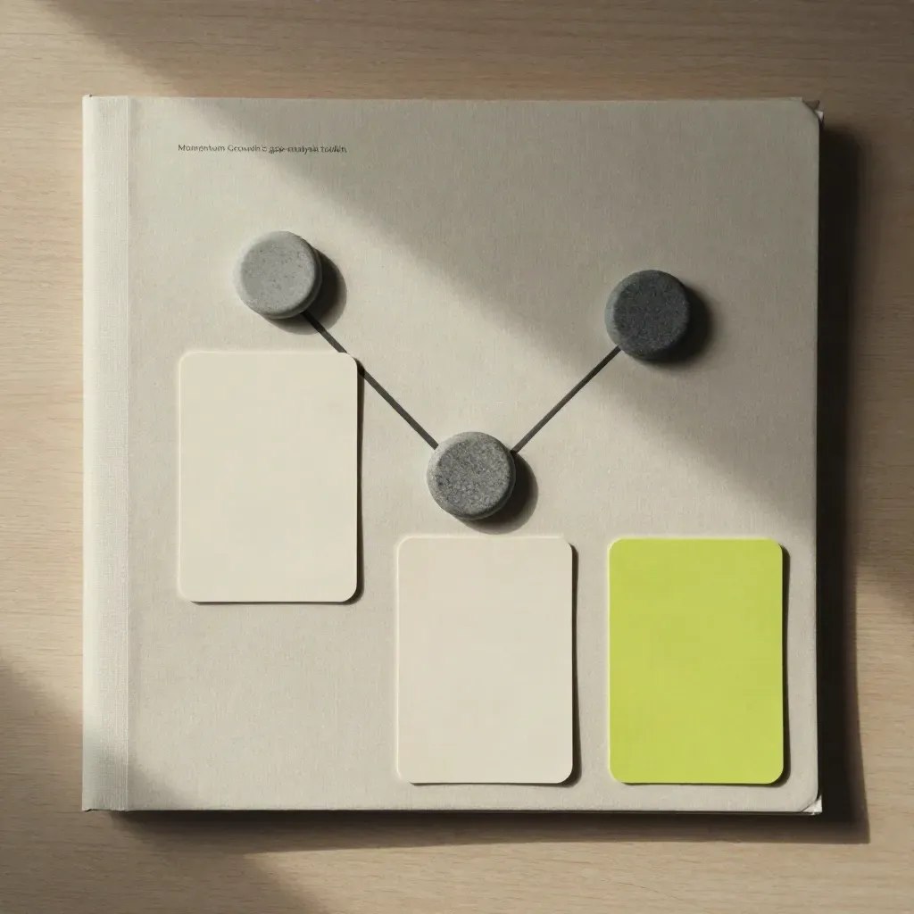 Flatlay analisis jurang di atas kayu pucat dengan folder tertutup dan penanda batu.