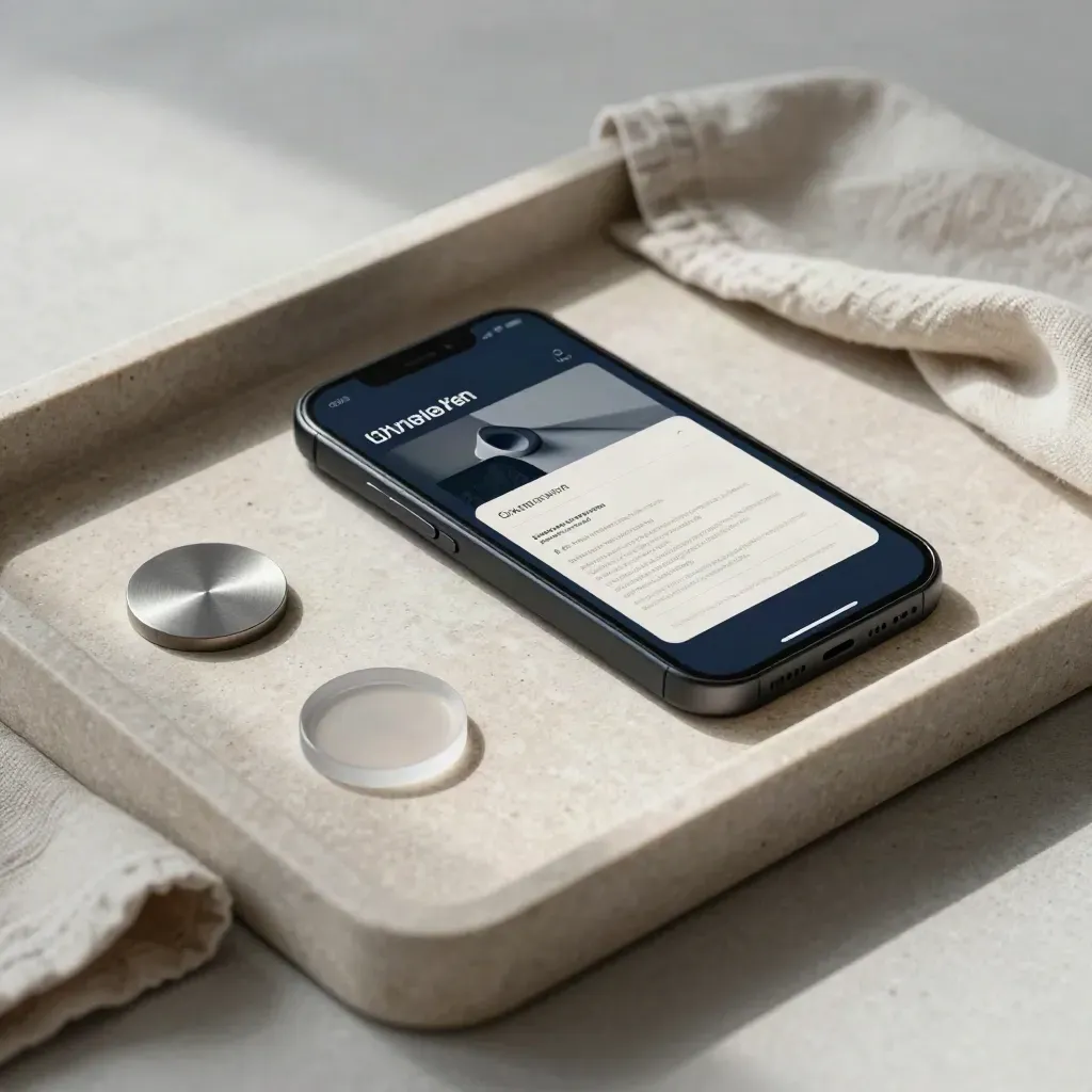Tray batu dengan telefon terbalik, mockup kad, dua token sampel dan kain linen.