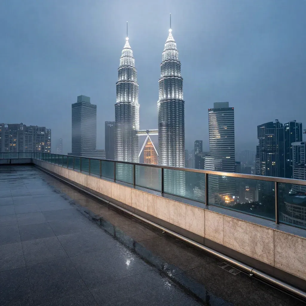 Langit bandar Kuala Lumpur waktu biru, Menara Berkembar tinggi di atas bumbung basah berkabus.
