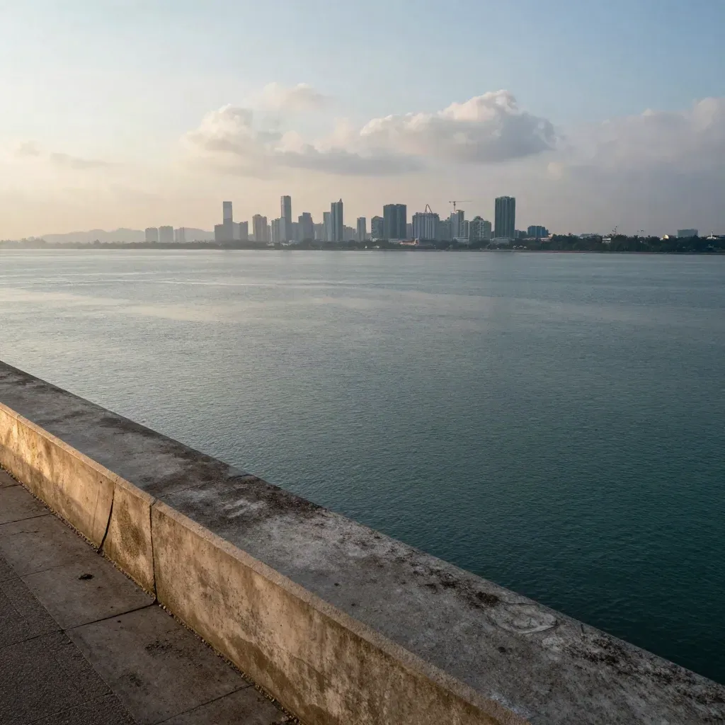 Pemandangan Johor Bahru dan Selat Johor dengan cahaya senja keemasan di langit berkabus.