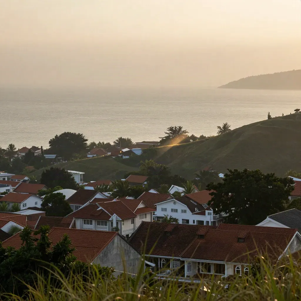 Pemandangan George Town dan pantai utara dari lereng bukit dalam kabus senja.