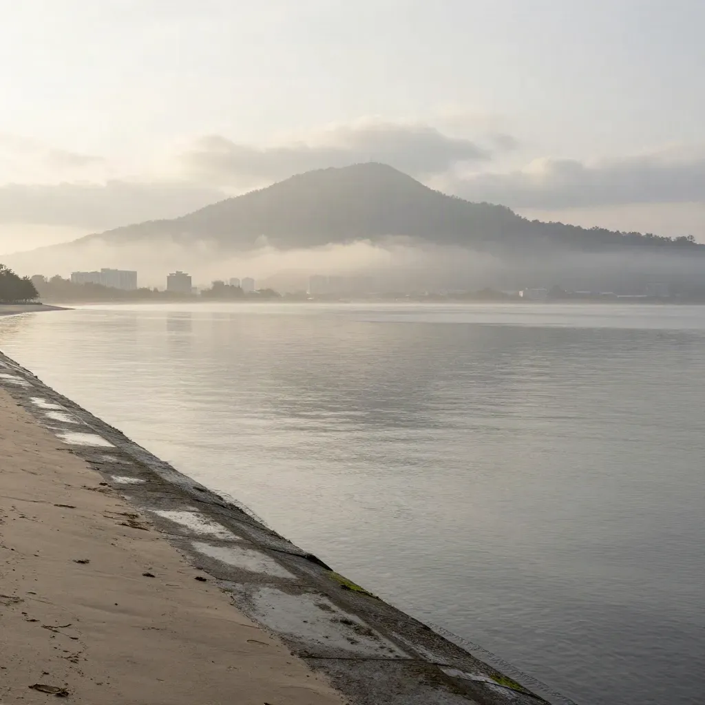 Pesisir Kota Kinabalu berkabus dengan gunung tinggi dan laut tenang waktu subuh.